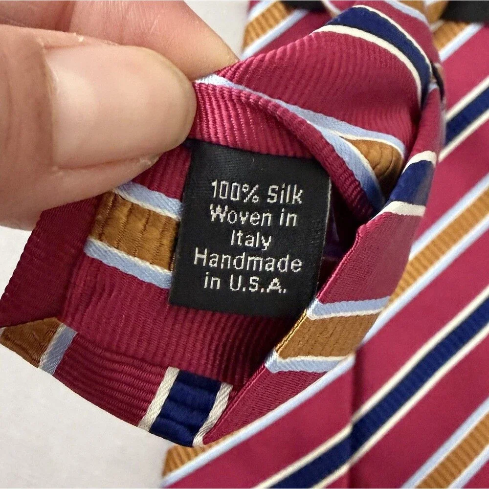 David Donahue Luxury Tie Red Blue Striped Silk Necktie Woven In Italy Made USA